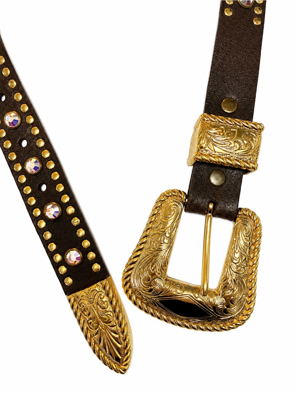 Nocona Western Belt XXL Genuine Leather Gold Studs Rhinestones Ornate Buckle - Picture 2 of 6